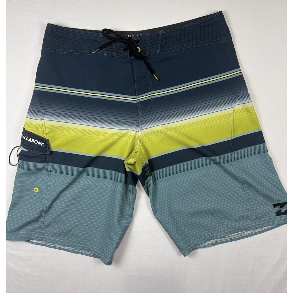Billabong Board Shorts Gray Yellow Platinum X Stripe Swim Surf Trunks. Men's 36